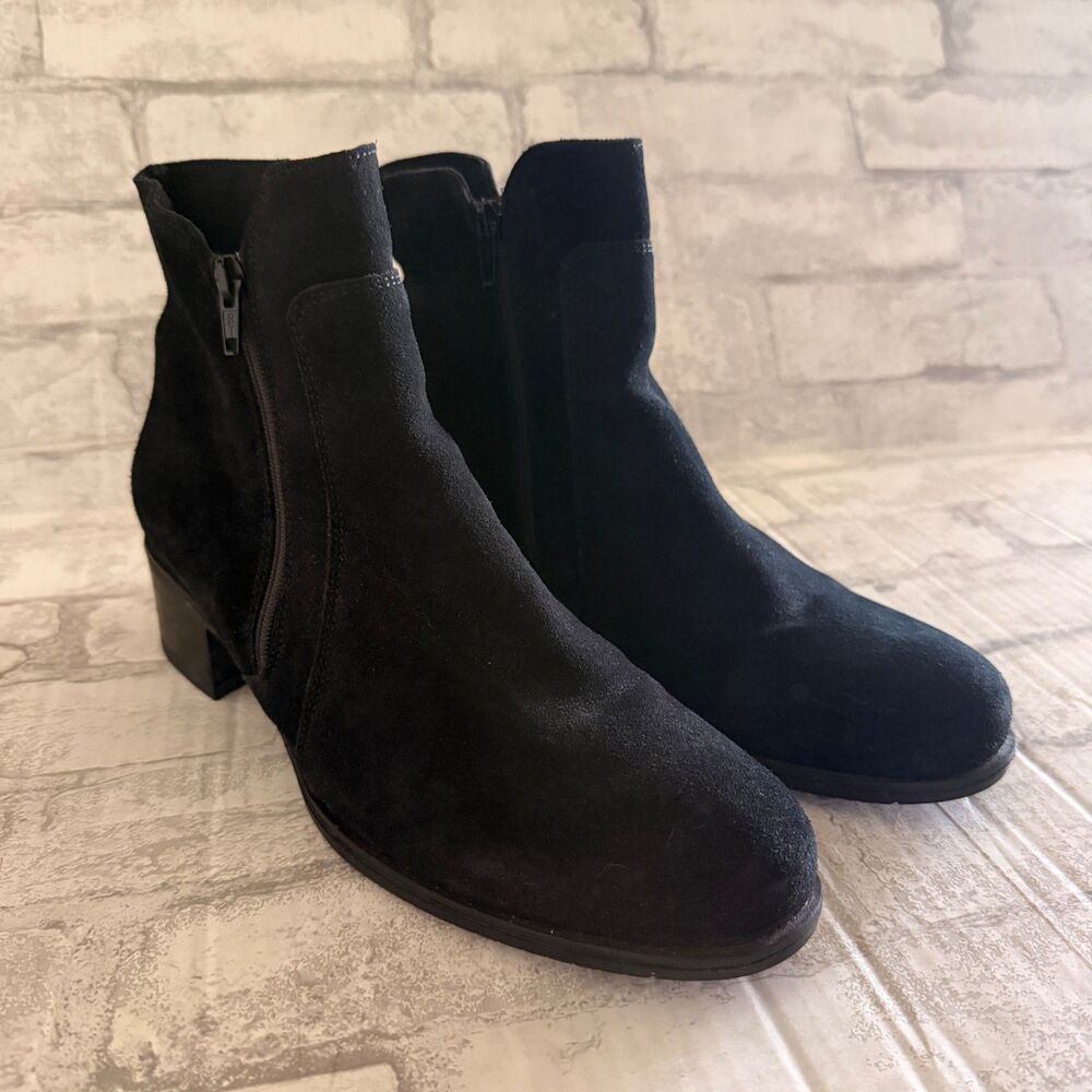 La Canadienne Black Suede Block Heel Double Zip Ankle Booties Minimalist Sz 11M